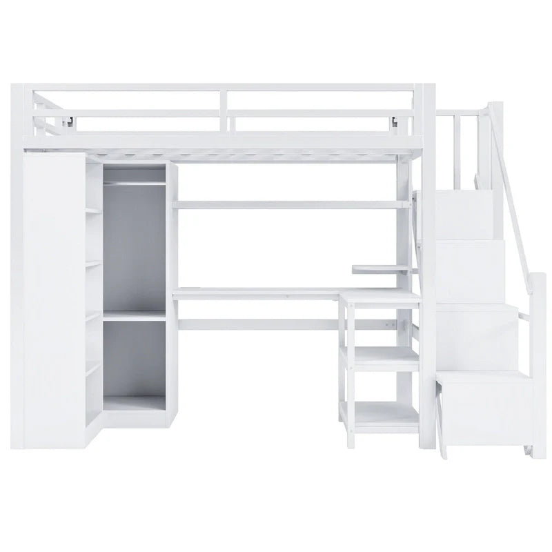 Metal Loft Bed with Desk, Wardrobe & Stepped Stairs – Twin/Full Size