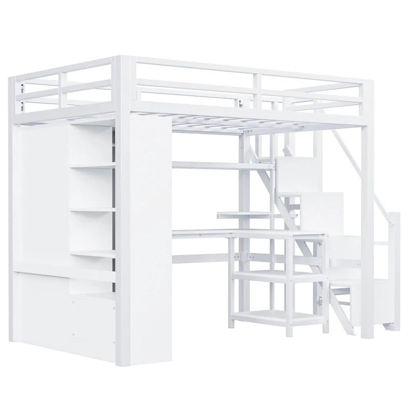 Metal Loft Bed with Desk, Wardrobe & Stepped Stairs – Twin/Full Size