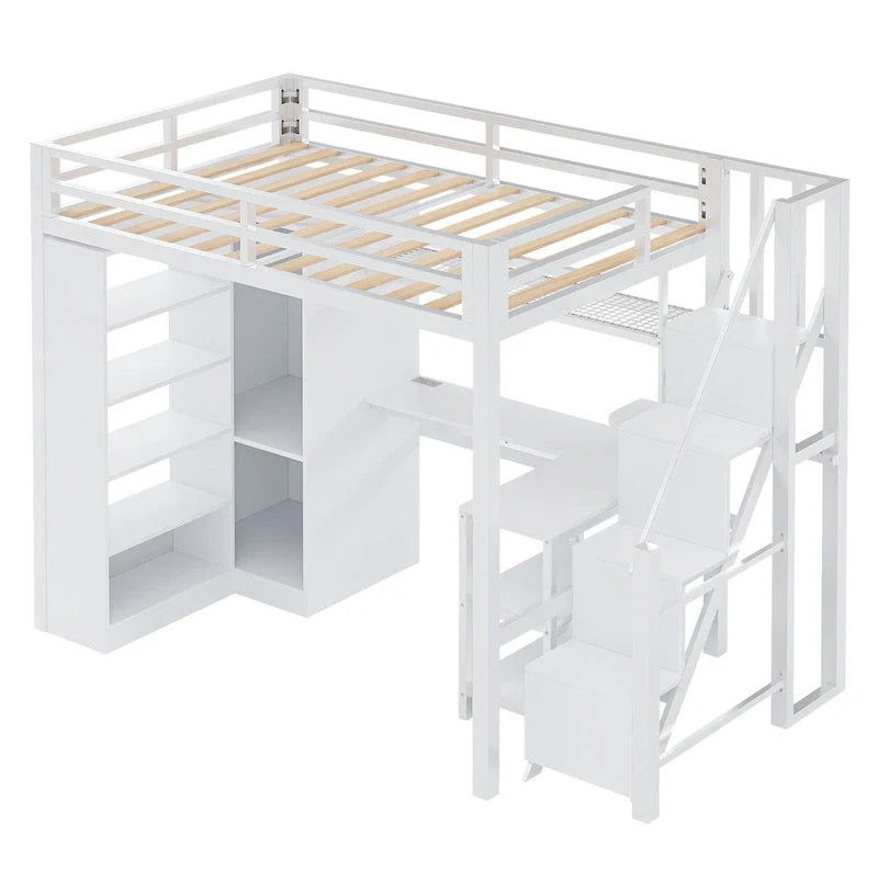 Metal Loft Bed with Desk, Wardrobe & Stepped Stairs – Twin/Full Size