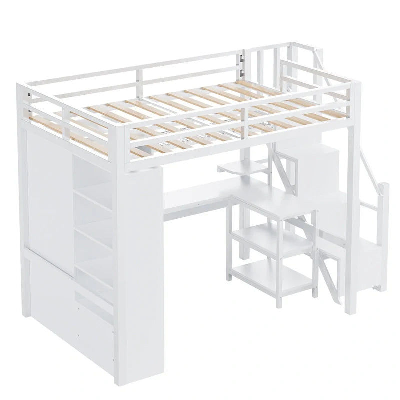 Metal Loft Bed with Desk, Wardrobe & Stepped Stairs – Twin/Full Size
