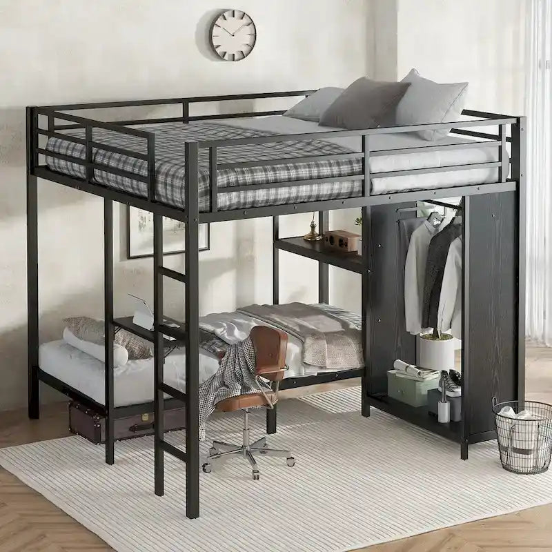 King over Twin XL Bunk Bed Frame with Built-in Wardrobe and Foldable Desk, Black