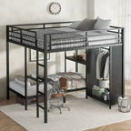 King over Twin XL Bunk Bed Frame with Built-in Wardrobe and Foldable Desk, Black