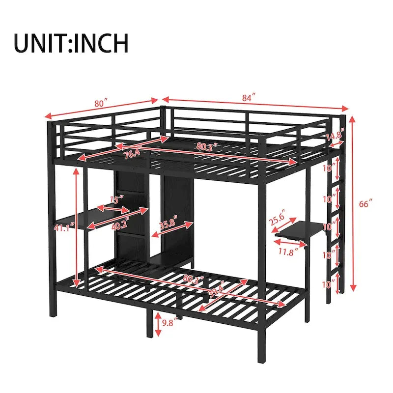 King over Twin XL Bunk Bed Frame with Built-in Wardrobe and Foldable Desk, Black