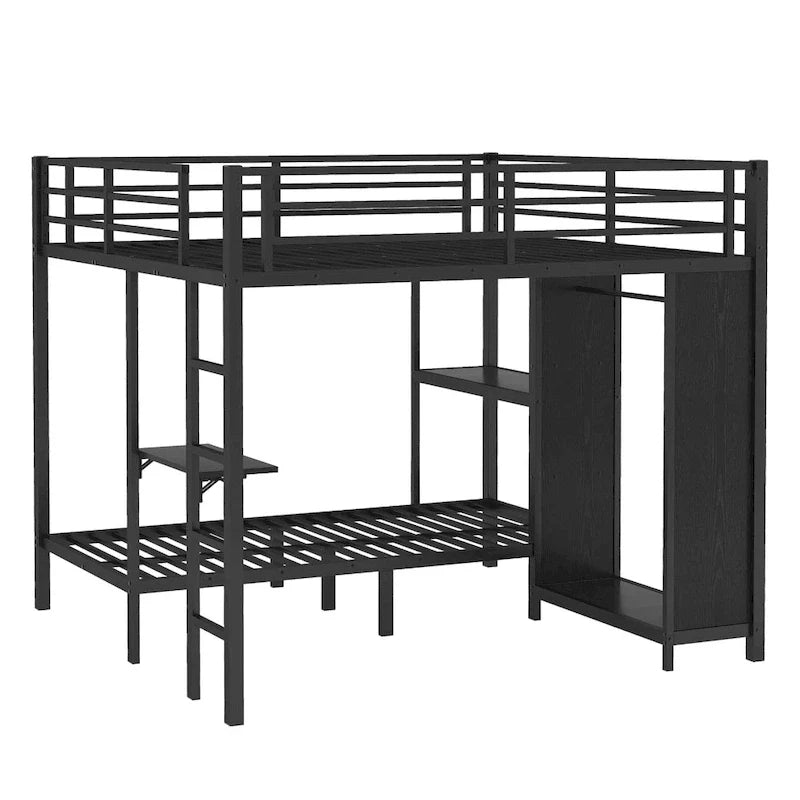 King over Twin XL Bunk Bed Frame with Built-in Wardrobe and Foldable Desk, Black