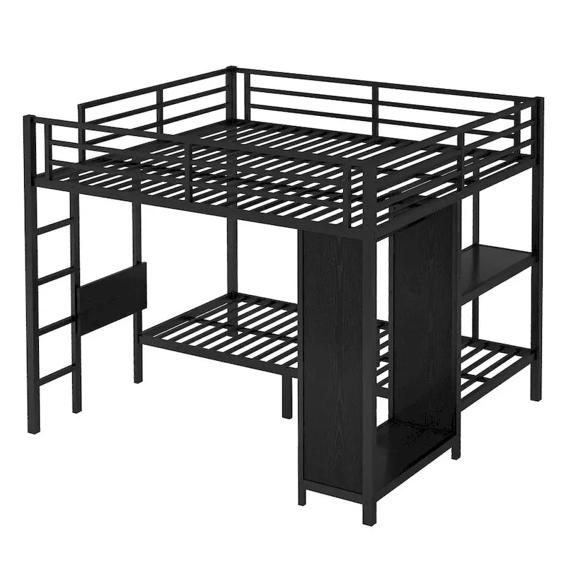 King over Twin XL Bunk Bed Frame with Built-in Wardrobe and Foldable Desk, Black