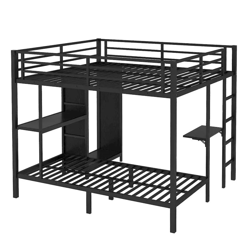 King over Twin XL Bunk Bed Frame with Built-in Wardrobe and Foldable Desk, Black