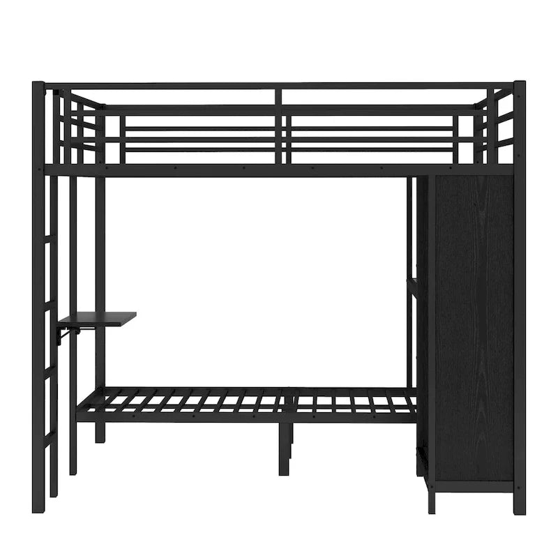 King over Twin XL Bunk Bed Frame with Built-in Wardrobe and Foldable Desk, Black