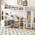 Full Size Metal Loft Bed with Wardrobe, L-Shaped Desk and Storage