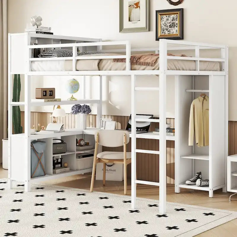 Full Size Metal Loft Bed with Wardrobe, L-Shaped Desk and Storage