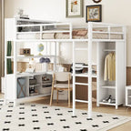 Full Size Metal Loft Bed with Wardrobe, L-Shaped Desk and Storage