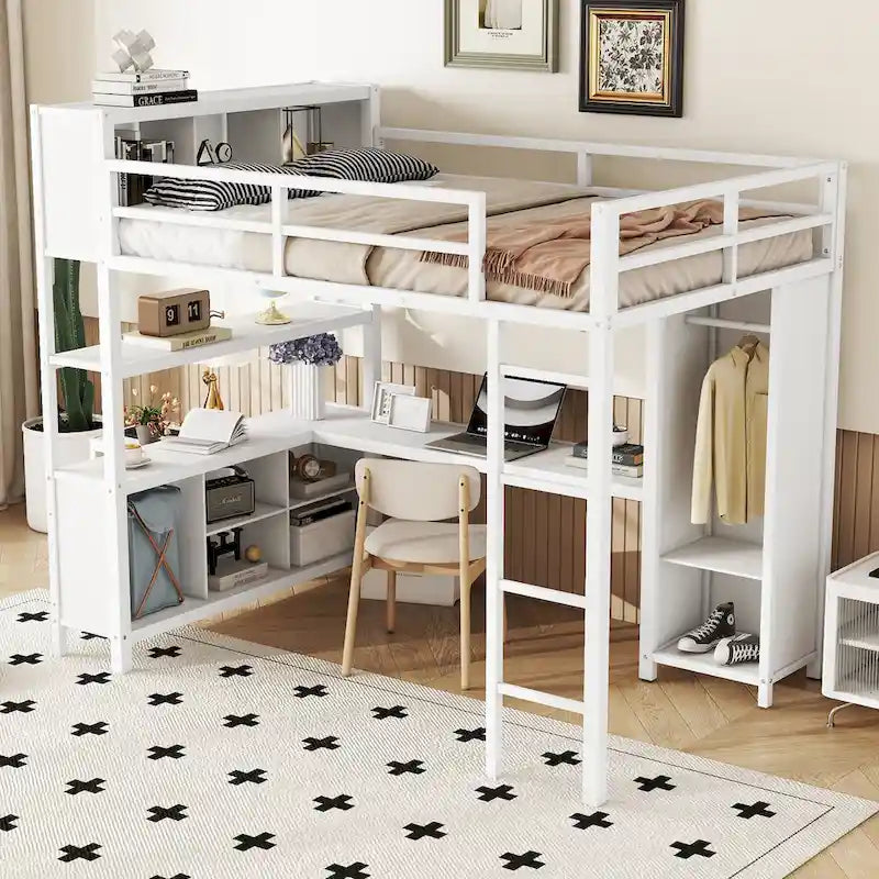 Full Size Metal Loft Bed with Wardrobe, L-Shaped Desk and Storage