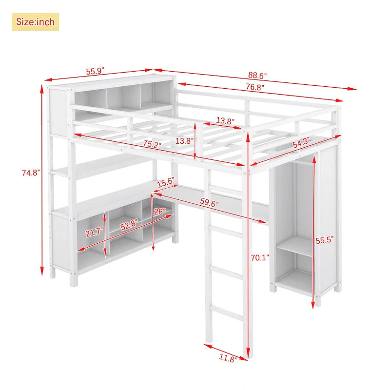 Full Size Metal Loft Bed with Wardrobe, L-Shaped Desk and Storage