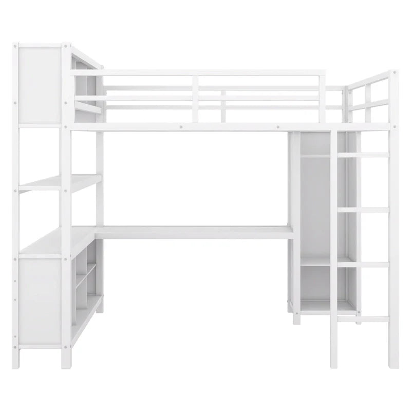 Full Size Metal Loft Bed with Wardrobe, L-Shaped Desk and Storage