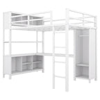 Full Size Metal Loft Bed with Wardrobe, L-Shaped Desk and Storage