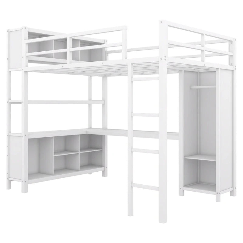 Full Size Metal Loft Bed with Wardrobe, L-Shaped Desk and Storage