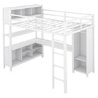 Full Size Metal Loft Bed with Wardrobe, L-Shaped Desk and Storage