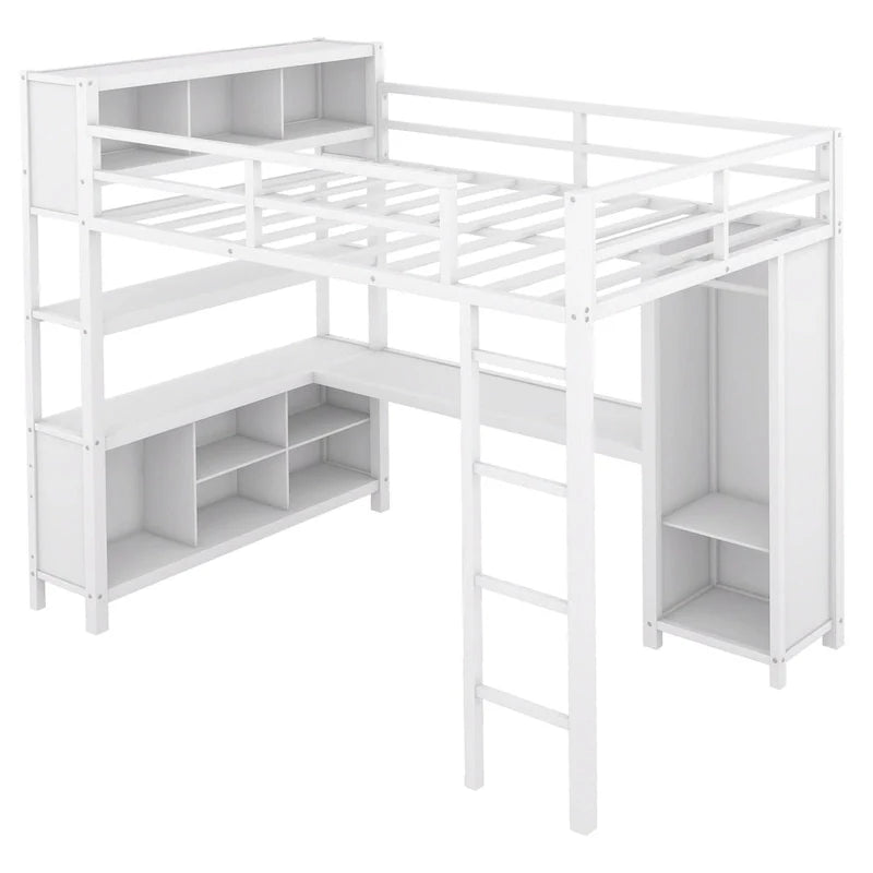 Full Size Metal Loft Bed with Wardrobe, L-Shaped Desk and Storage