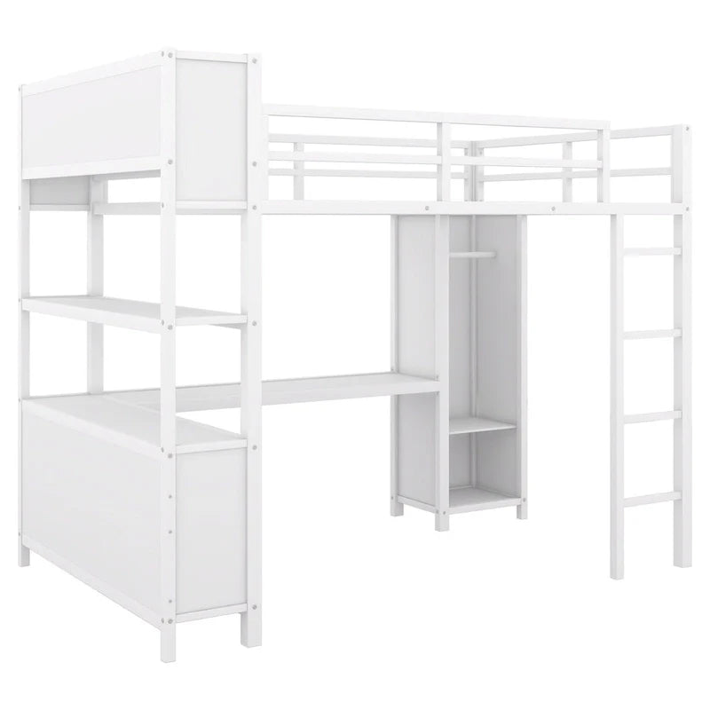 Full Size Metal Loft Bed with Wardrobe, L-Shaped Desk and Storage