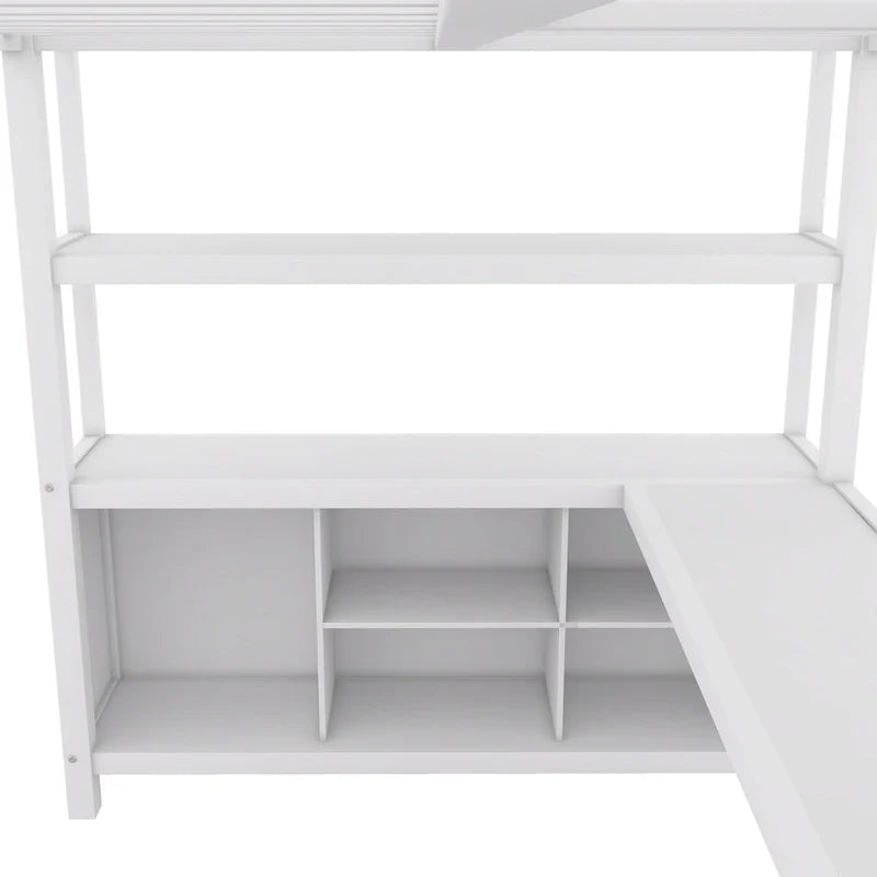 Full Size Metal Loft Bed with Wardrobe, L-Shaped Desk and Storage