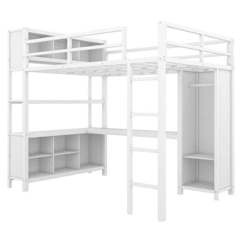 Full Size Metal Loft Bed with Wardrobe, L-Shaped Desk and Storage