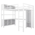 Full Size Metal Loft Bed with Wardrobe, L-Shaped Desk and Storage
