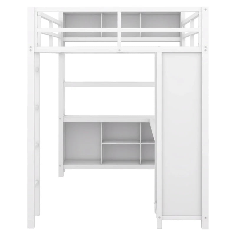Full Size Metal Loft Bed with Wardrobe, L-Shaped Desk and Storage