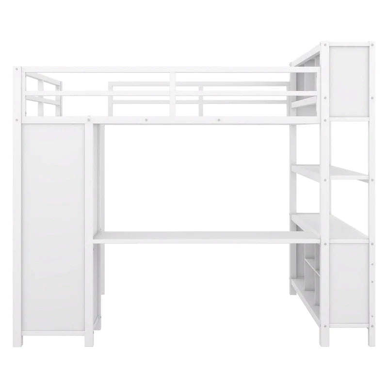 Full Size Metal Loft Bed with Wardrobe, L-Shaped Desk and Storage