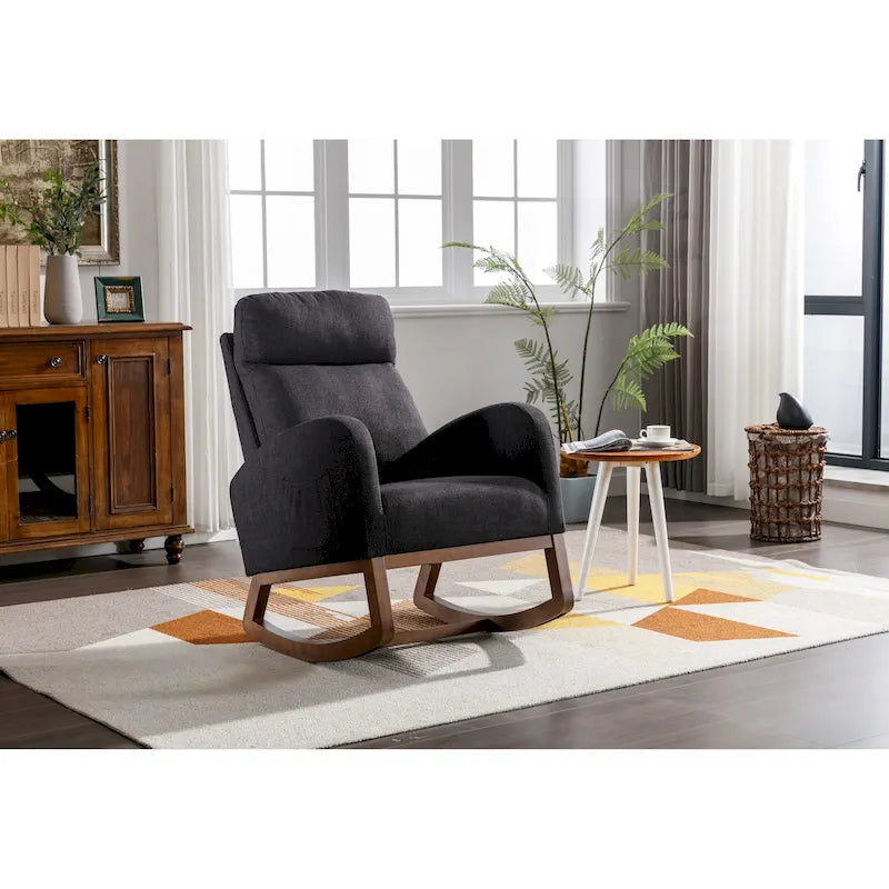 Upholstered Rocking Chair with Wood Legs and Side Pockets