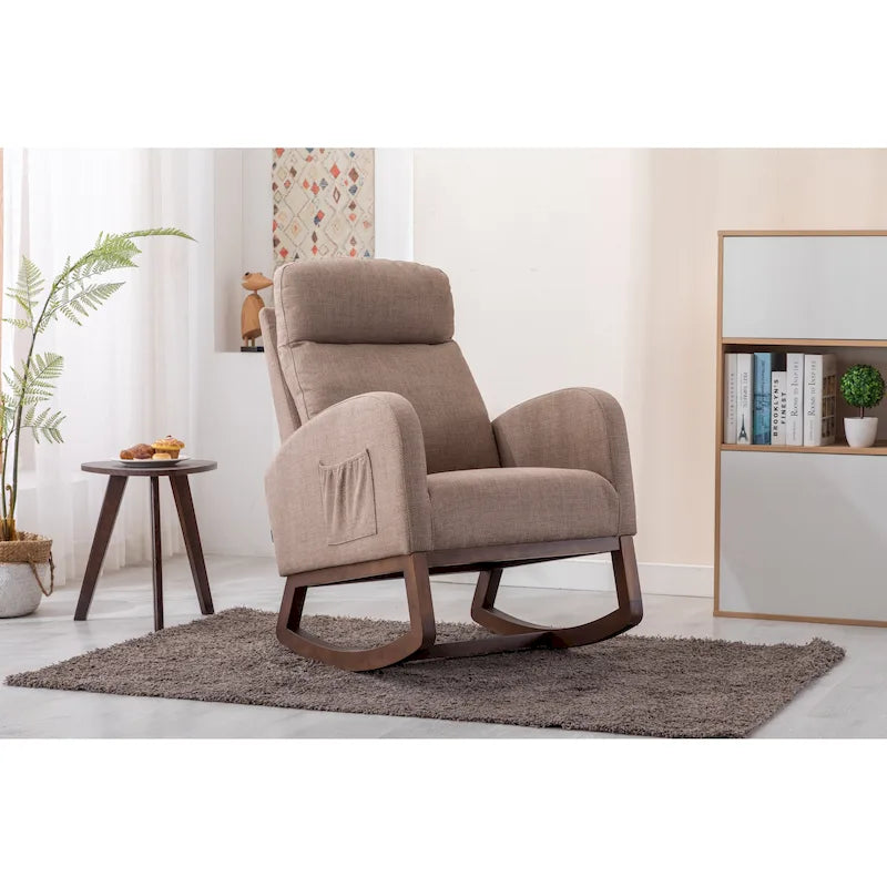 Upholstered Rocking Chair with Wood Legs and Side Pockets