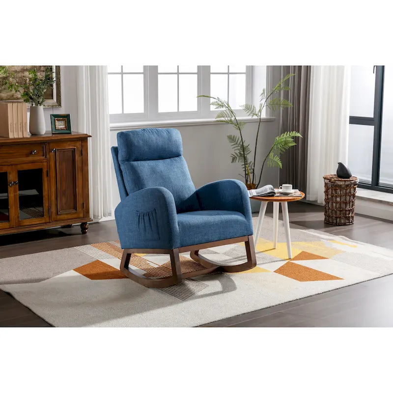 Upholstered Rocking Chair with Wood Legs and Side Pockets