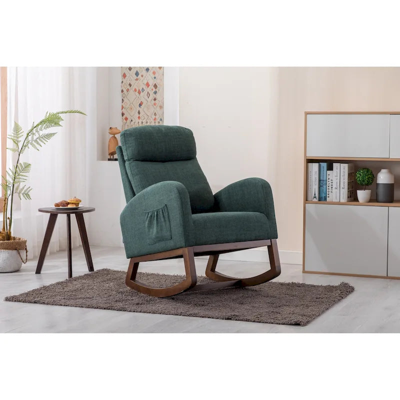 Upholstered Rocking Chair with Wood Legs and Side Pockets