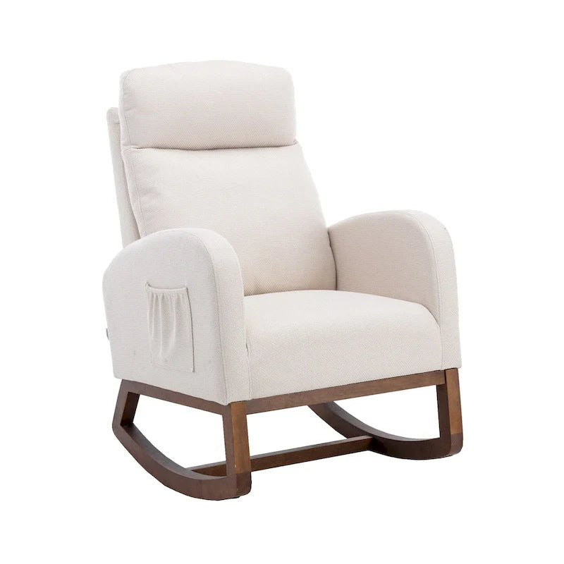 Upholstered Rocking Chair with Wood Legs and Side Pockets