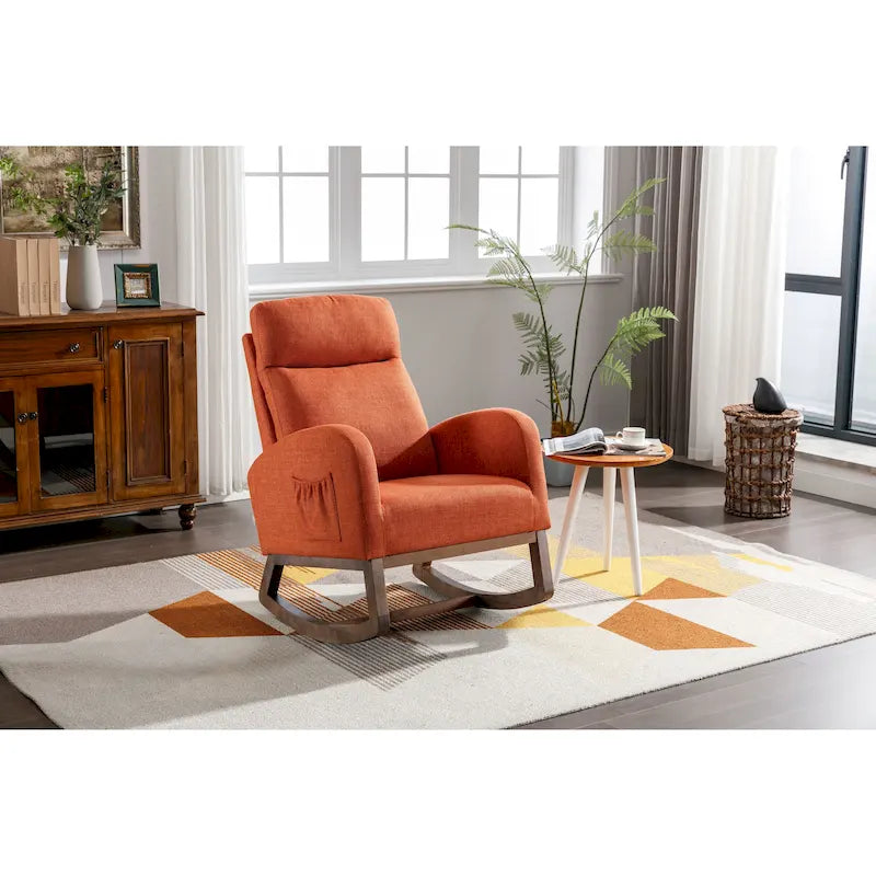 Upholstered Rocking Chair with Wood Legs and Side Pockets