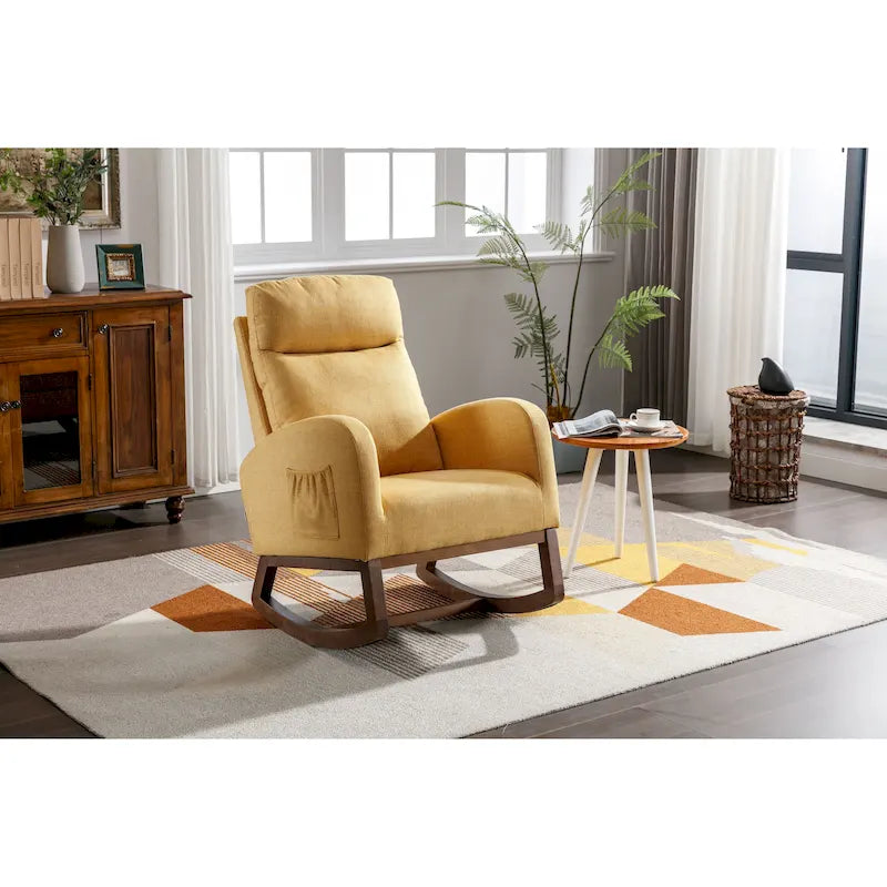 Upholstered Rocking Chair with Wood Legs and Side Pockets