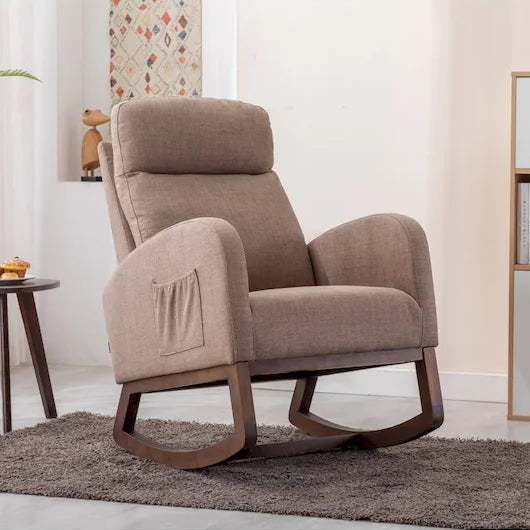 Upholstered Rocking Chair with Wood Legs and Side Pockets