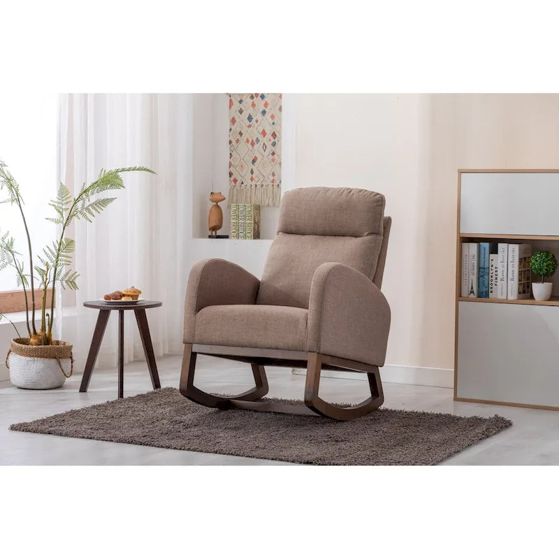 Upholstered Rocking Chair with Wood Legs and Side Pockets