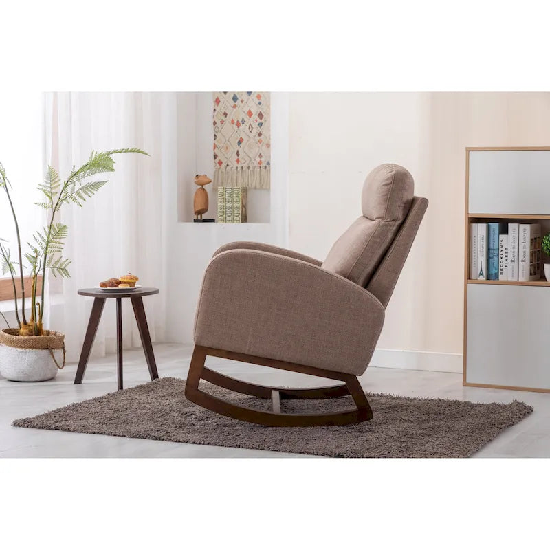 Upholstered Rocking Chair with Wood Legs and Side Pockets