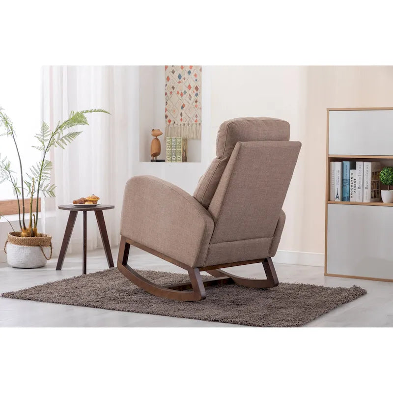 Upholstered Rocking Chair with Wood Legs and Side Pockets