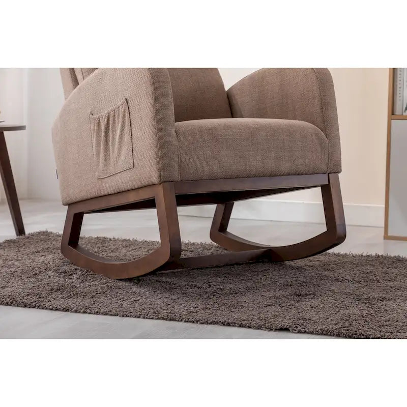 Upholstered Rocking Chair with Wood Legs and Side Pockets