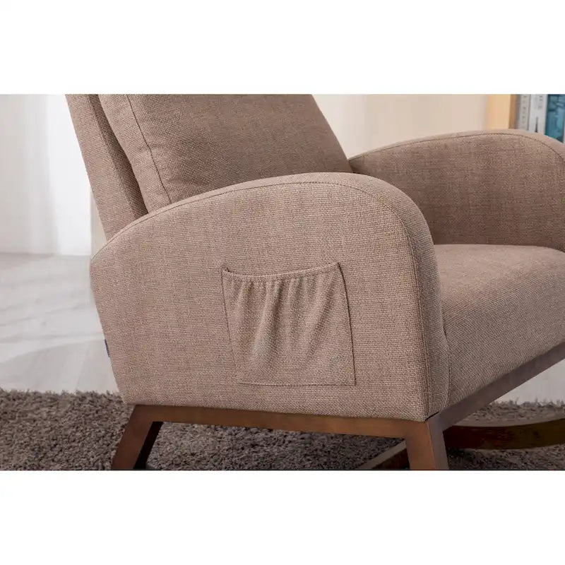 Upholstered Rocking Chair with Wood Legs and Side Pockets