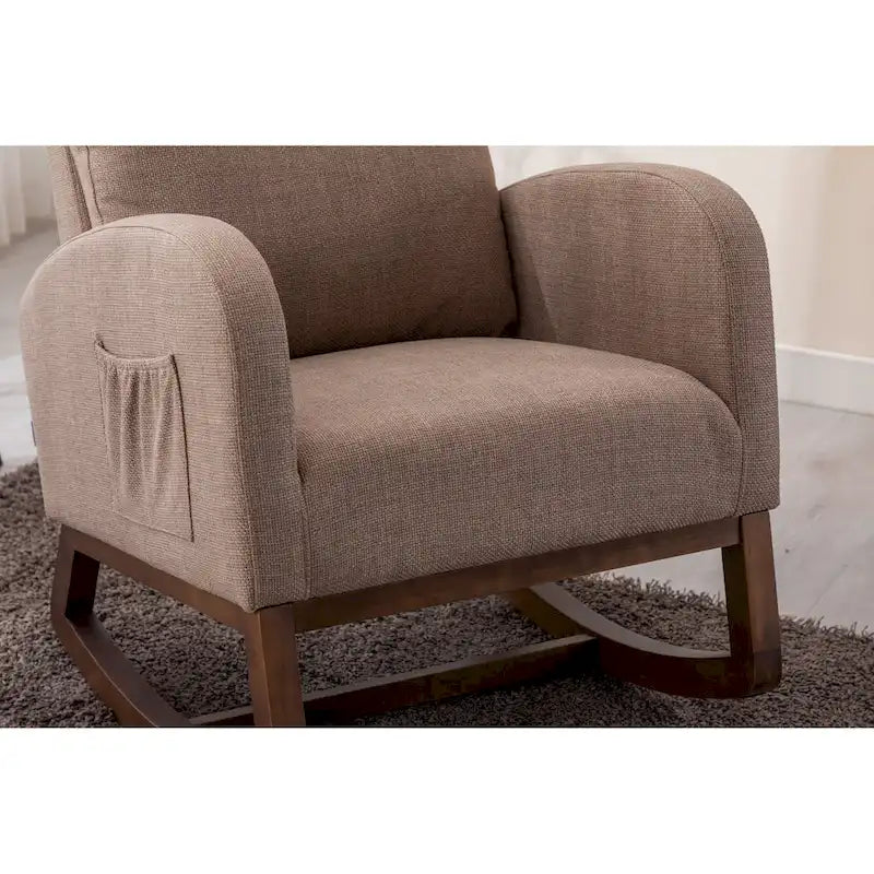 Upholstered Rocking Chair with Wood Legs and Side Pockets