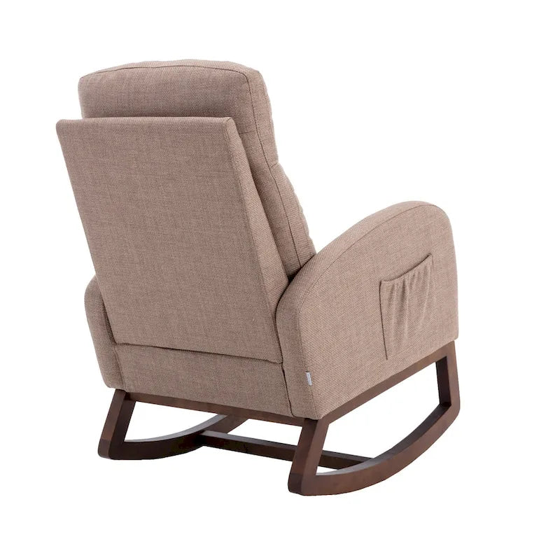 Upholstered Rocking Chair with Wood Legs and Side Pockets