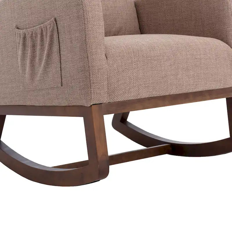 Upholstered Rocking Chair with Wood Legs and Side Pockets