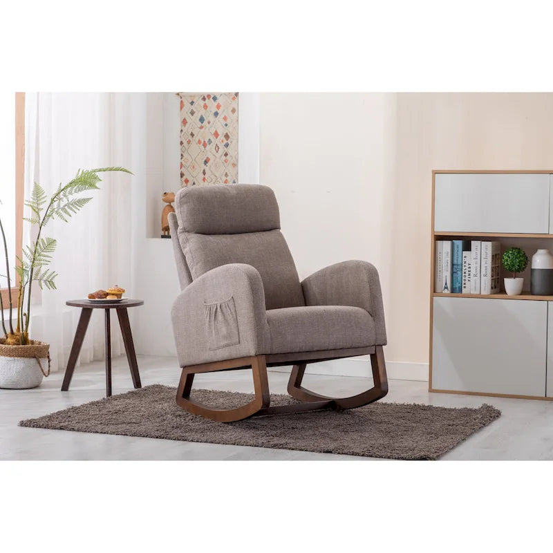 Upholstered Rocking Chair with Wood Legs and Side Pockets