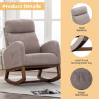 Upholstered Rocking Chair with Wood Legs and Side Pockets