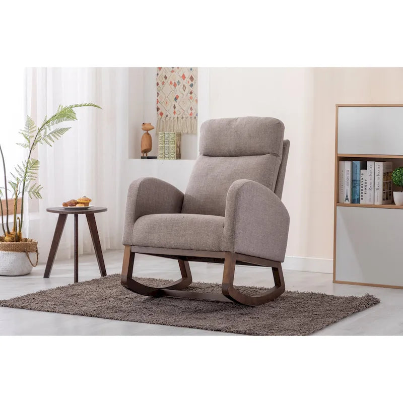 Upholstered Rocking Chair with Wood Legs and Side Pockets