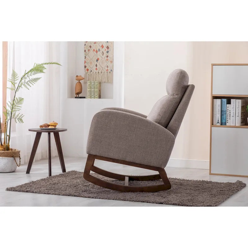 Upholstered Rocking Chair with Wood Legs and Side Pockets