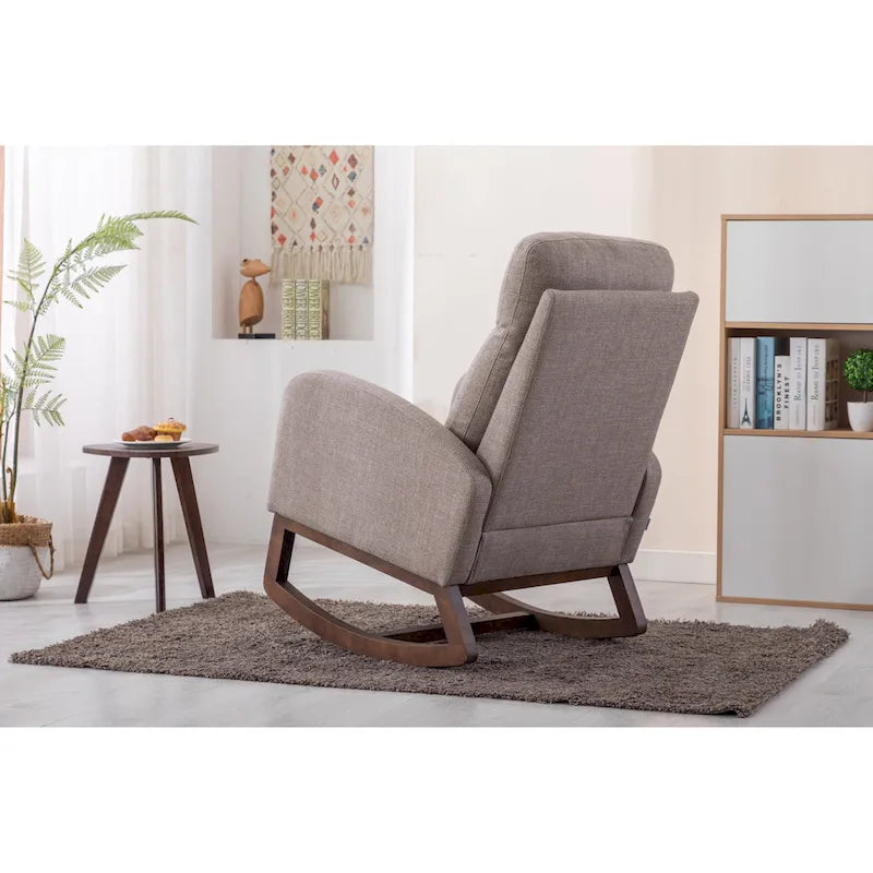 Upholstered Rocking Chair with Wood Legs and Side Pockets