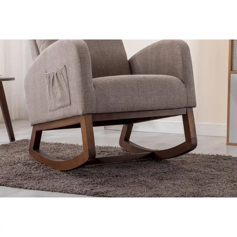 Upholstered Rocking Chair with Wood Legs and Side Pockets