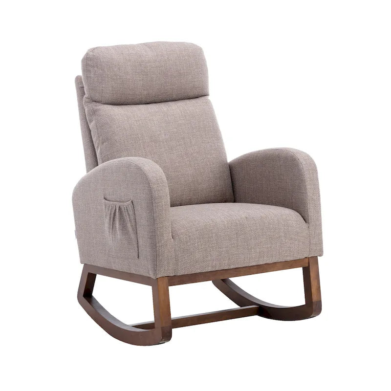 Upholstered Rocking Chair with Wood Legs and Side Pockets
